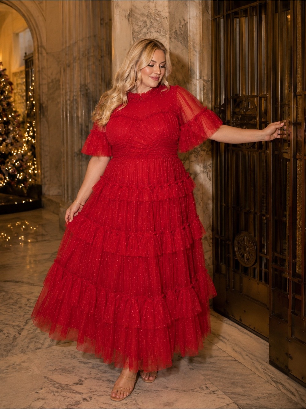 Ivy City Co Whimsical Dress in Red Ruffle Tulle Maxi XL